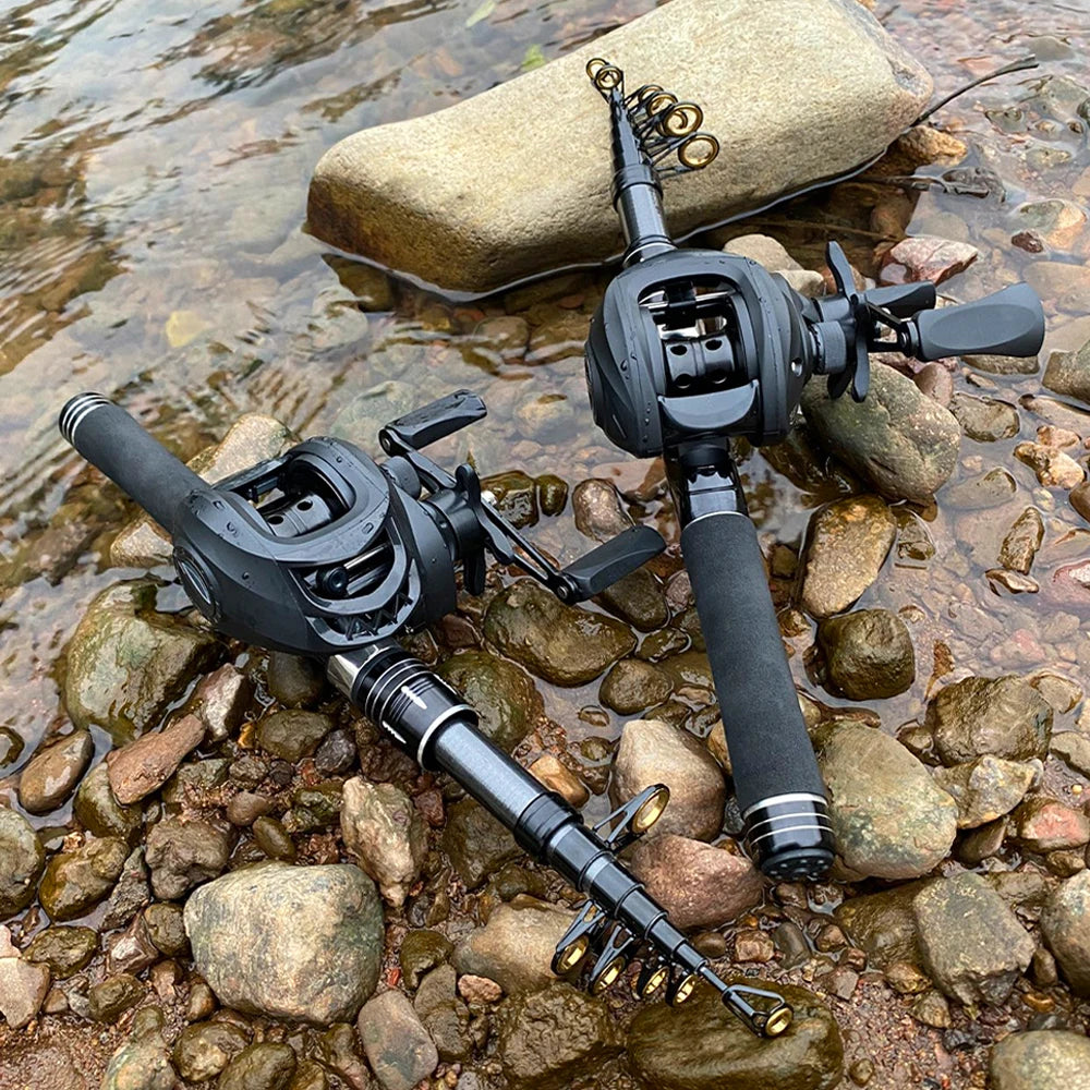 1.5-2.4m Fishing Rod Reel Combo Portable Telescopic Travel Pole 18+1BB Left/Right Hand Baitcasting Reel for Bass Carp Fishing