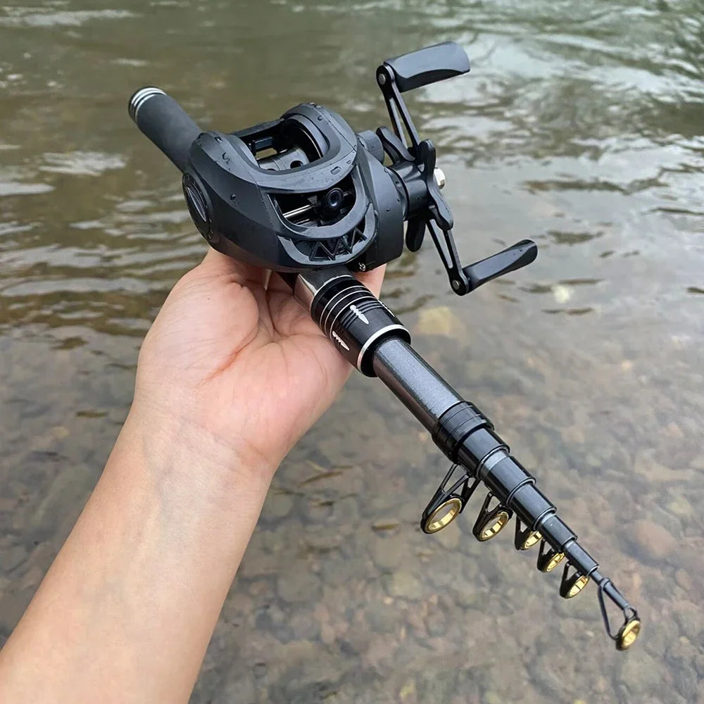 1.5-2.4m Fishing Rod Reel Combo Portable Telescopic Travel Pole 18+1BB Left/Right Hand Baitcasting Reel for Bass Carp Fishing